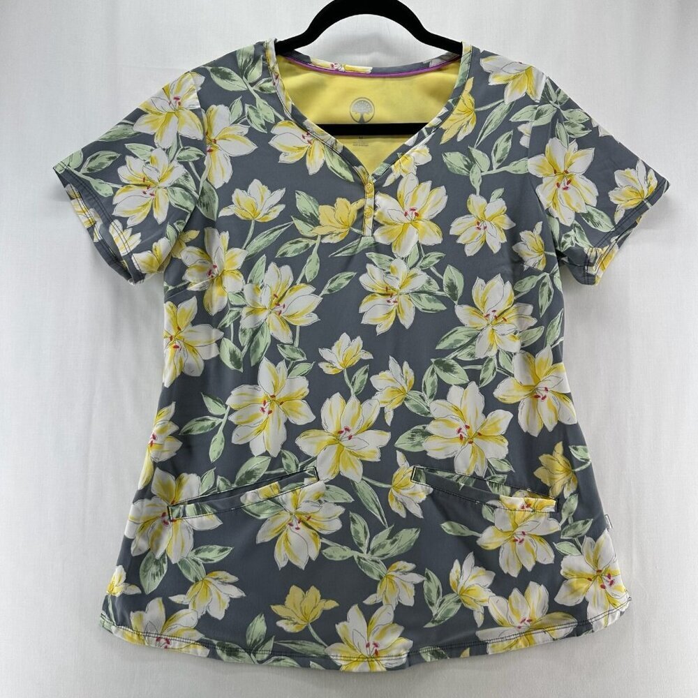 Healing Hands Scrub Top Womens M Isabel Floral Print Medical Uniform Gray Yellow
